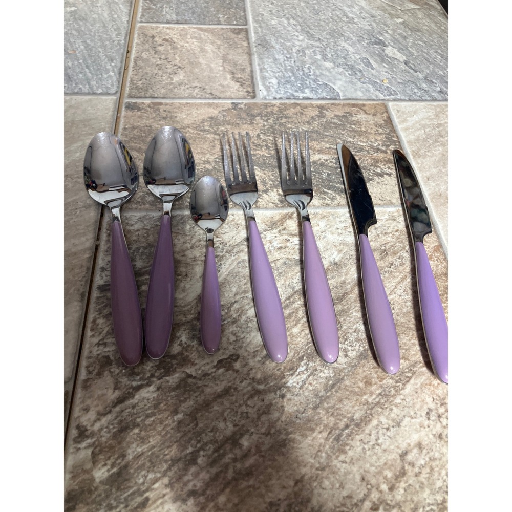 Brandani 7pc Flatware Set Purple Resin Handle Stainless Steel Spoons Forks